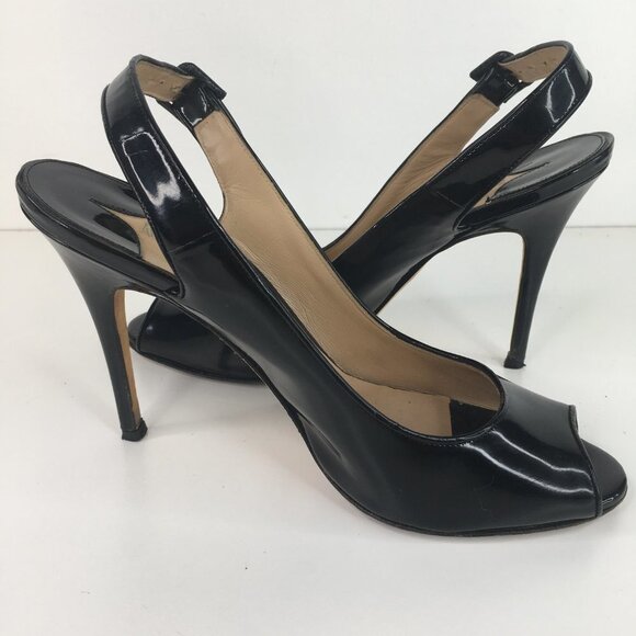 Manolo Blahnik Patent Leather Peep Toe Slingback Black Pumps Size 40.5 - Picture 9 of 9